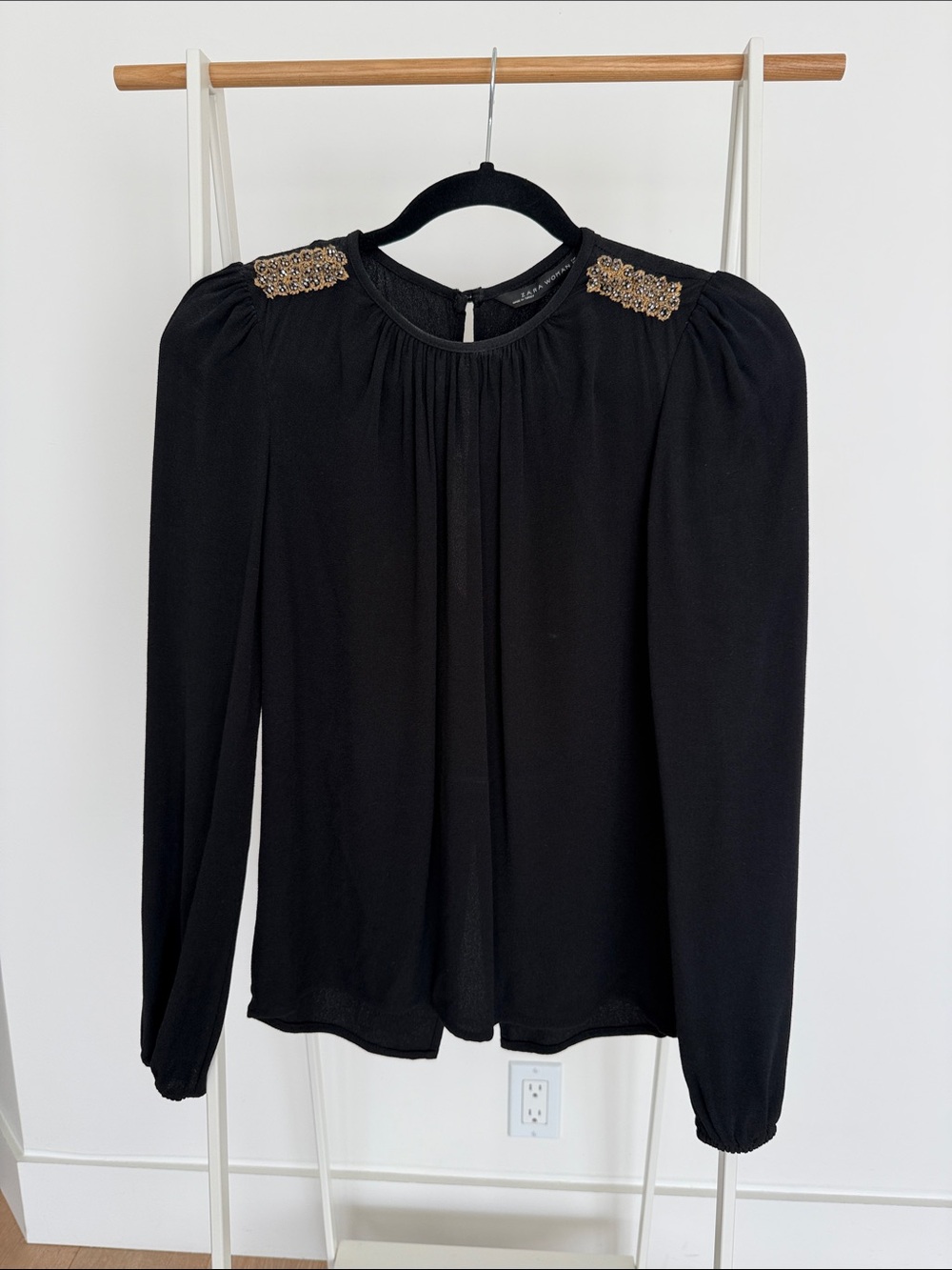 Zara Black Long-Sleeve Blouse with Gold Shoulder Embellishments